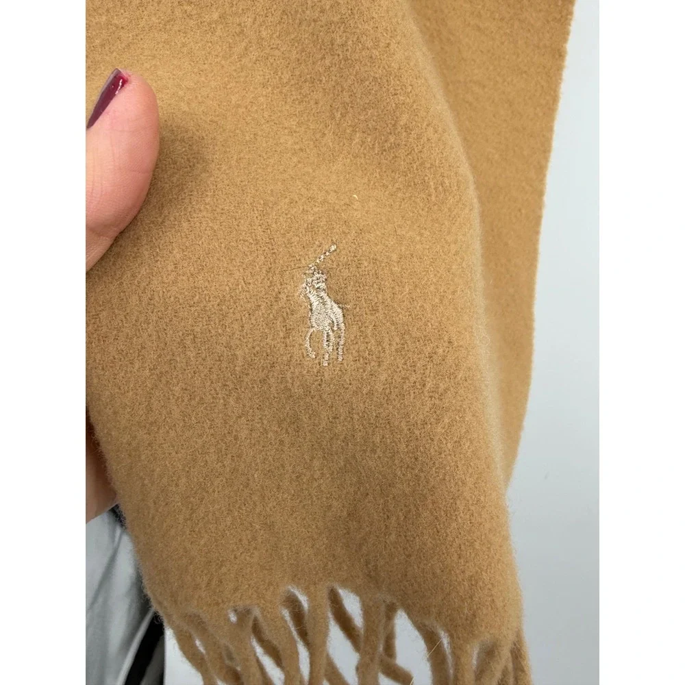 Polo Ralph Lauren Pony Scarf Mens OS Camel Tan Wool Blend Fringe Trim